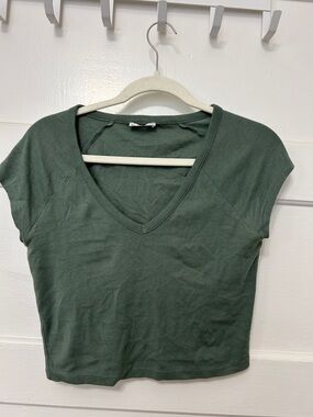 Bershka Olive Green Cropped V-Neck Tee - cap sleeves